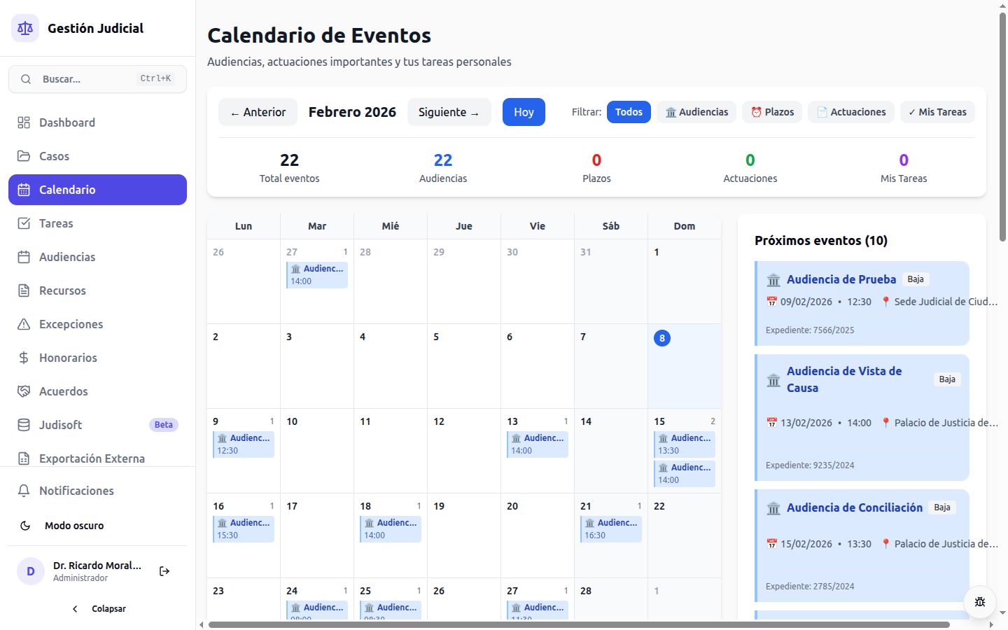 Calendario de Audiencias - Vista mensual con sincronización automática a Google Calendar