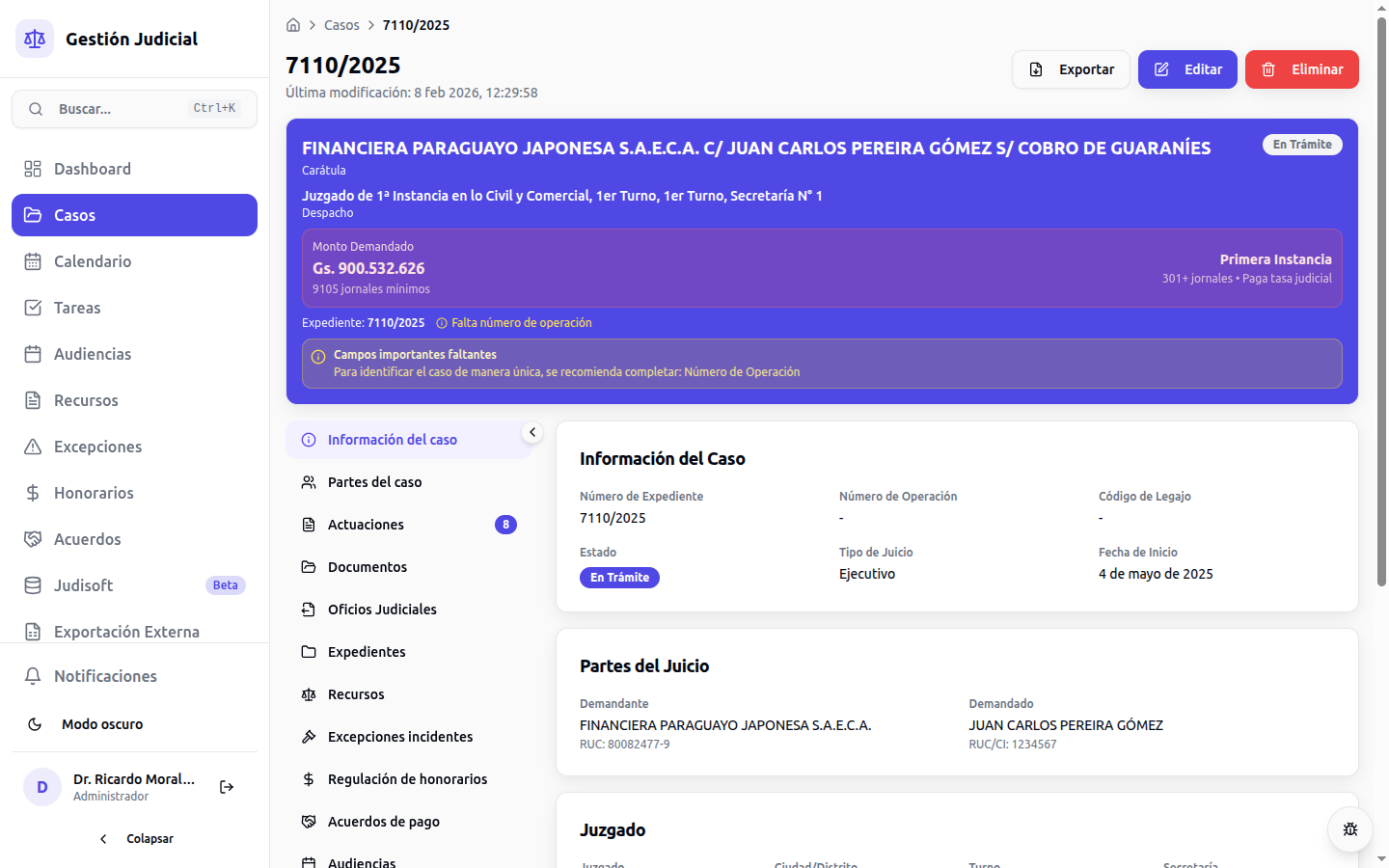 Detalle de Caso - Timeline completo de actuaciones, documentos y movimientos del expediente